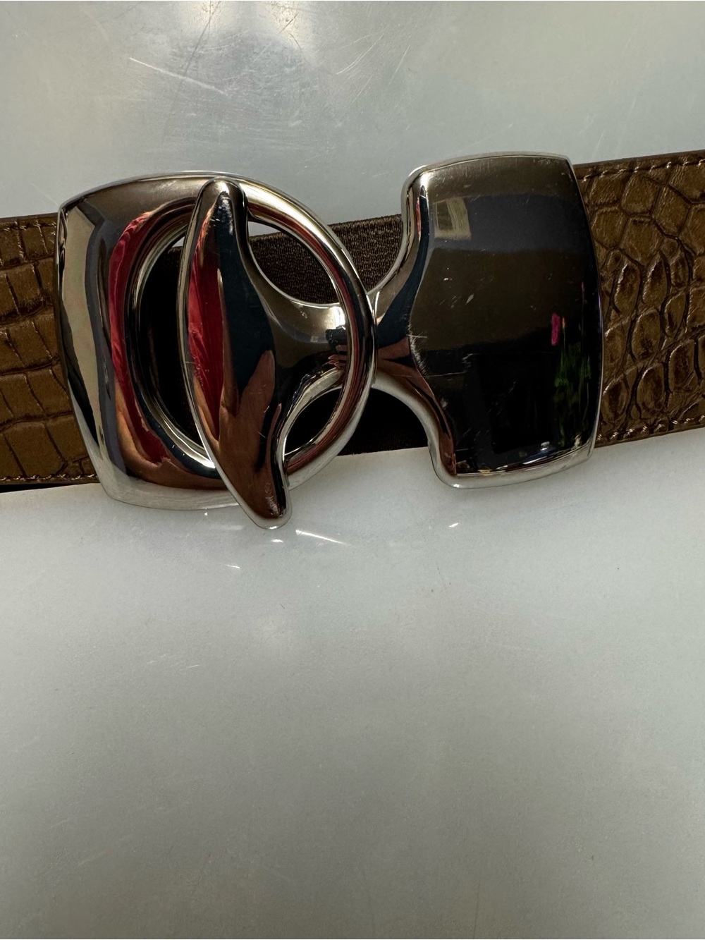 Women’s Chico’s Brown Elastic & Leather Belt with Polished Silver Metal Buckle